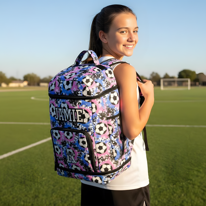 Personalized Soccer Backpack, Blue/Pink Splatter Edition