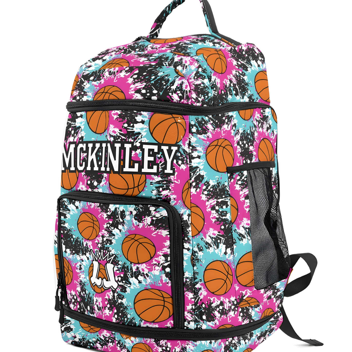 Large Personalized Basketball Backpack, Green/Pink Splatter Edition