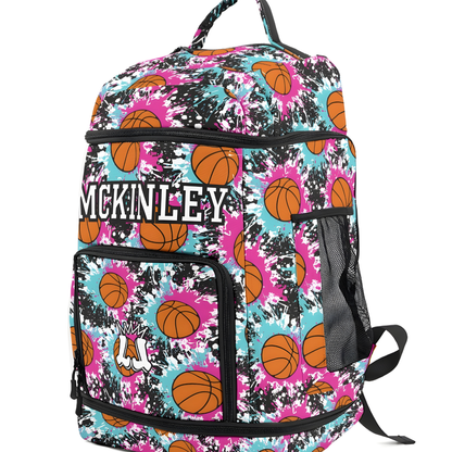 Large Personalized Basketball Backpack, Green/Pink Splatter Edition