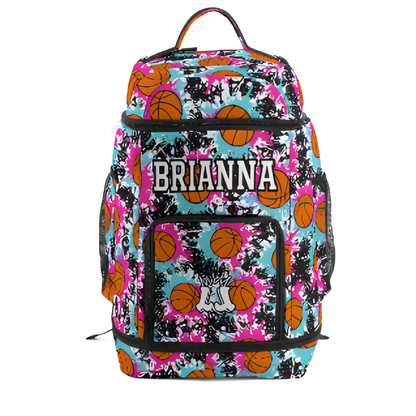 Large Personalized Basketball Backpack, Green/Pink Splatter Edition