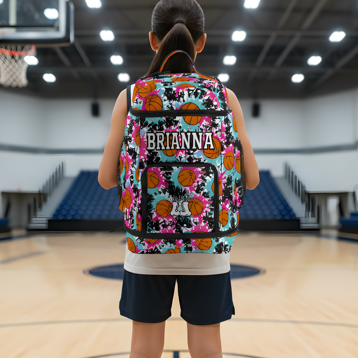 Large Personalized Basketball Backpack, Green/Pink Splatter Edition