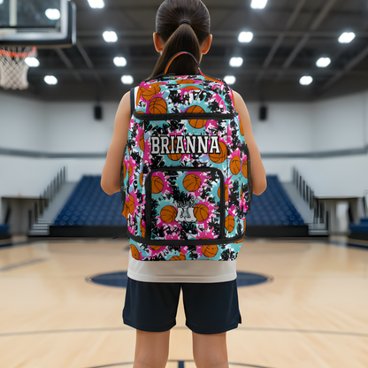 Large Personalized Basketball Backpack, Green/Pink Splatter Edition