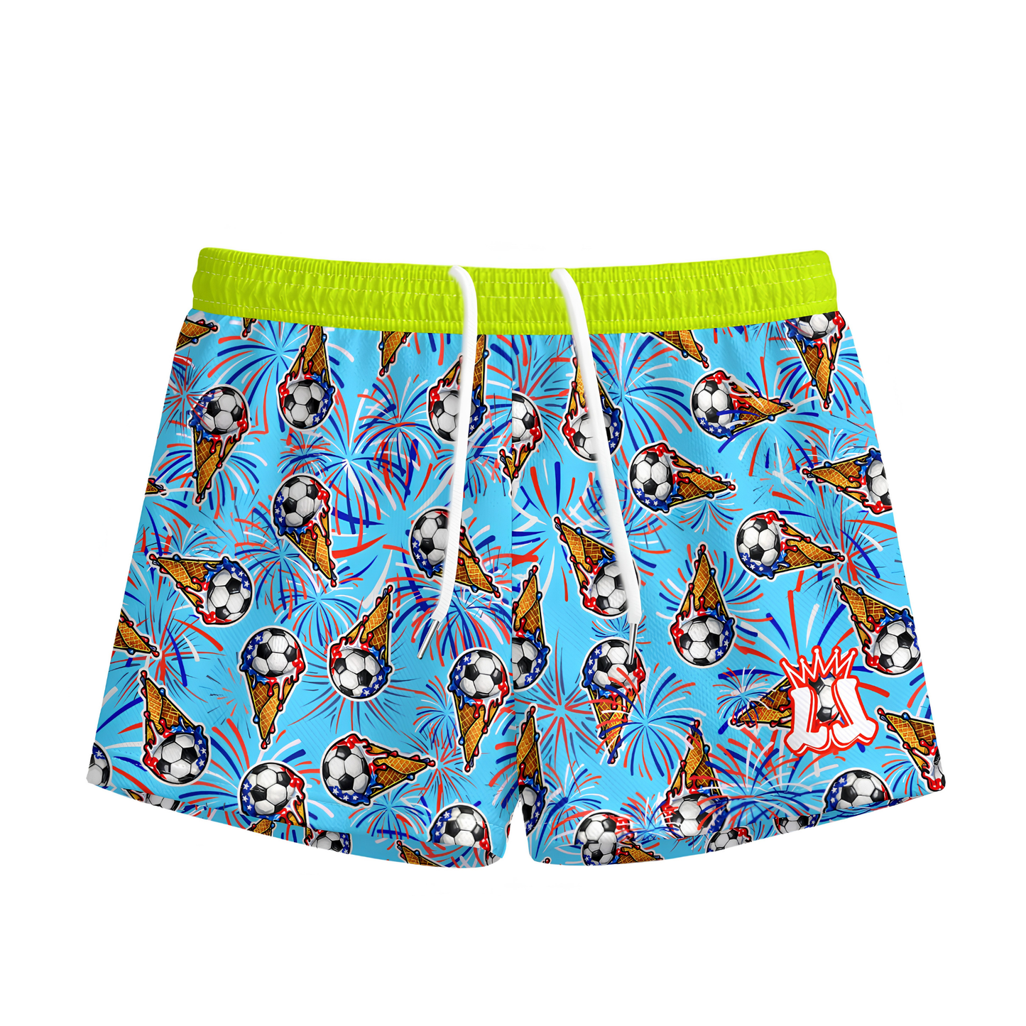 Kids Summer Patriotic Soccer Shorts, Fireworks Soccer Apparel