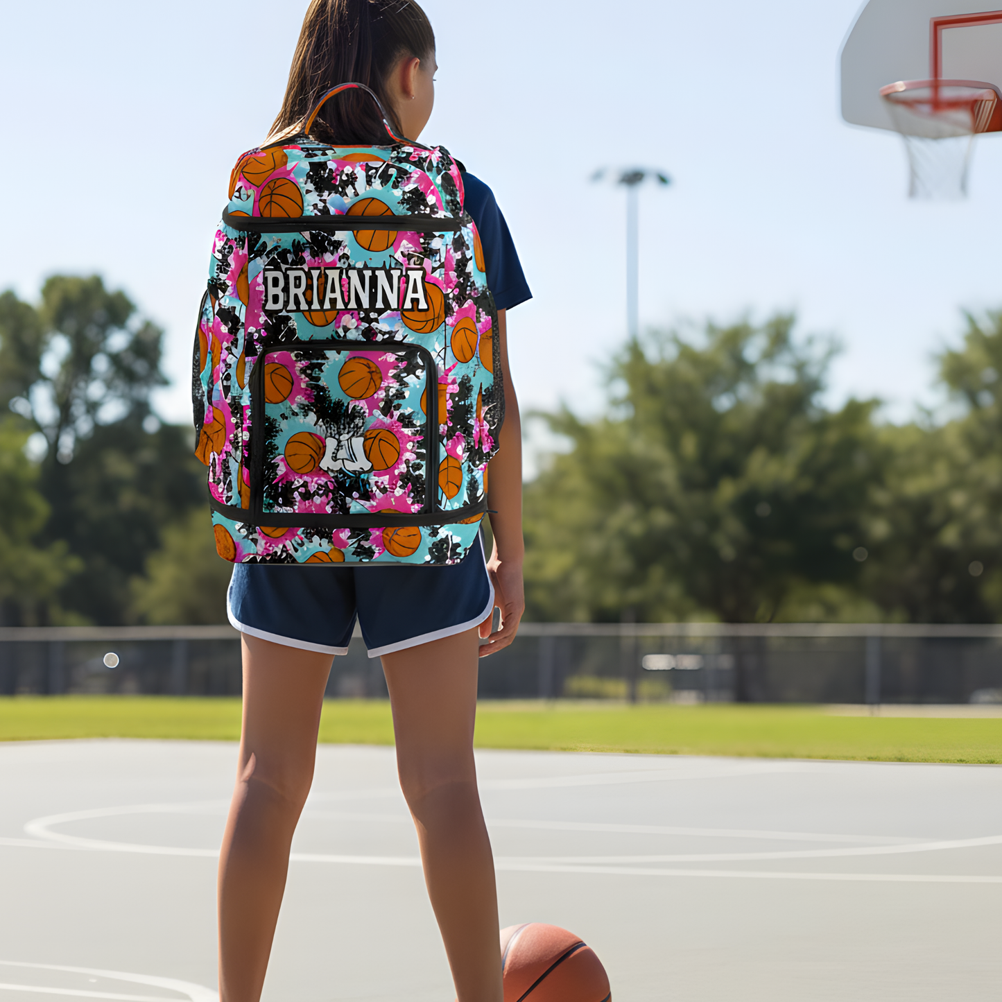 Large Personalized Basketball Backpack, Green/Pink Splatter Edition