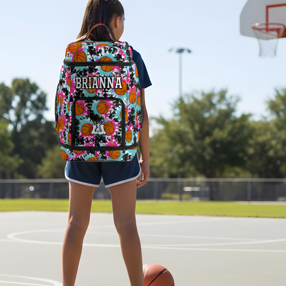 Large Personalized Basketball Backpack, Green/Pink Splatter Edition