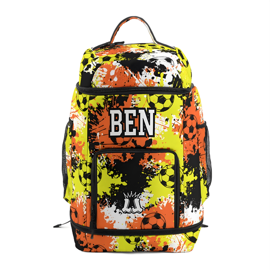 Personalized Soccer Sports Bag, Yellow/Orange Splatter Edition