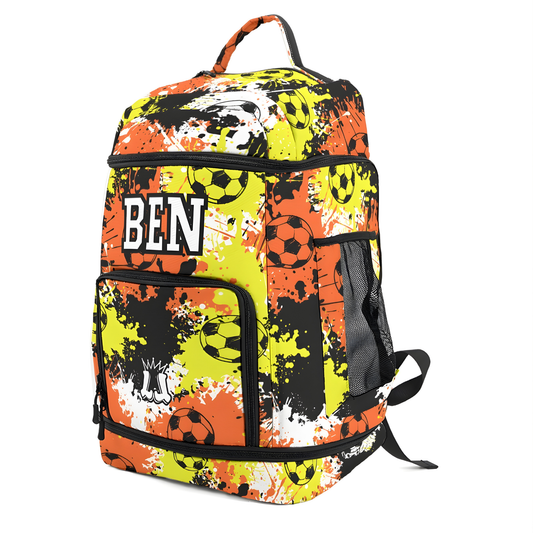 Personalized Soccer Sports Bag, Yellow/Orange Splatter Edition