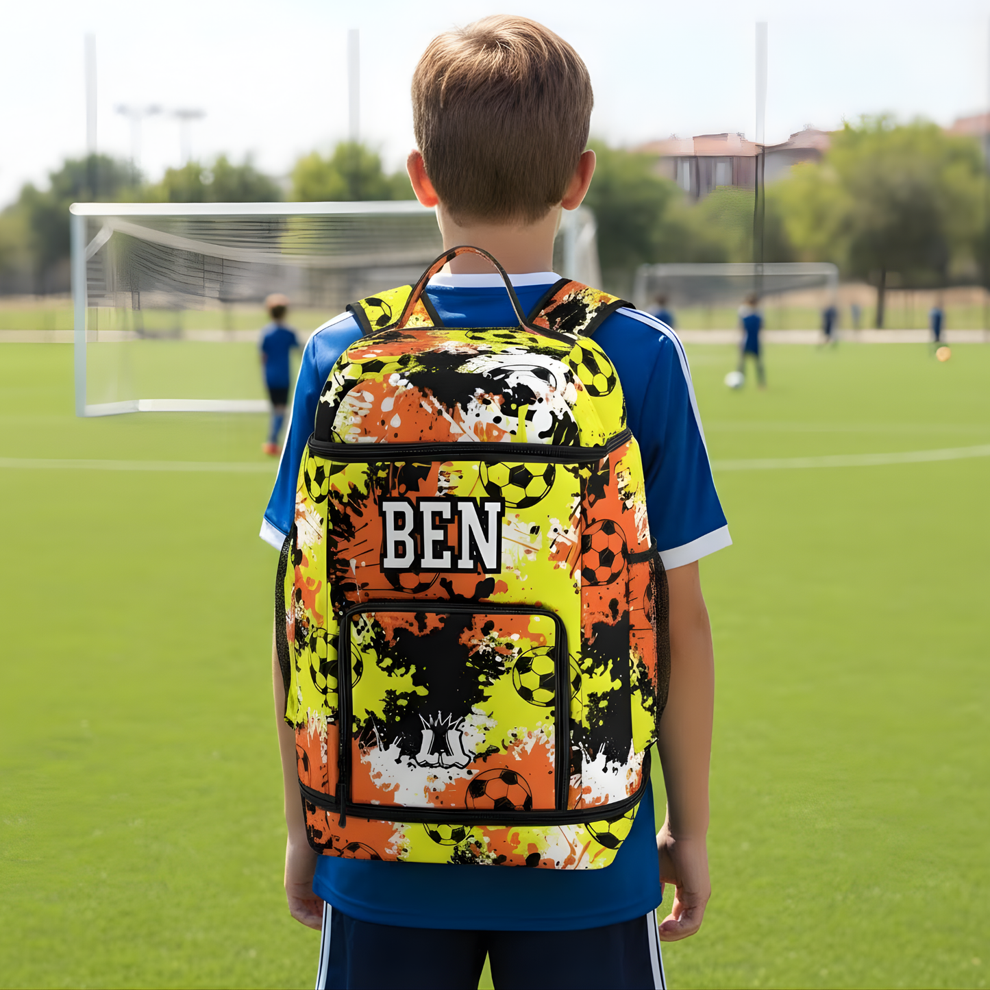 Personalized Soccer Sports Bag, Yellow/Orange Splatter Edition
