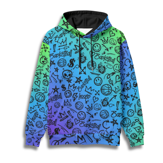 Adult Unisex Gradient Blue Fleece Hoodie, Basketball Graffiti