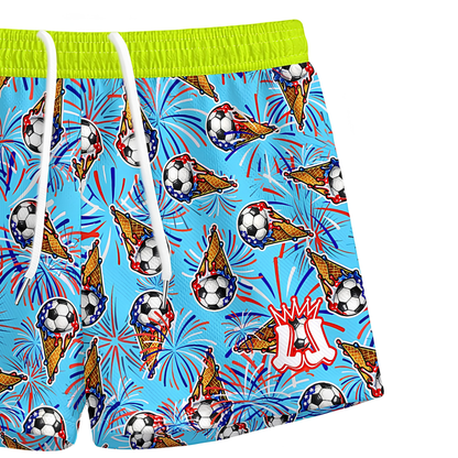Kids Summer Patriotic Soccer Shorts, Fireworks Soccer Apparel