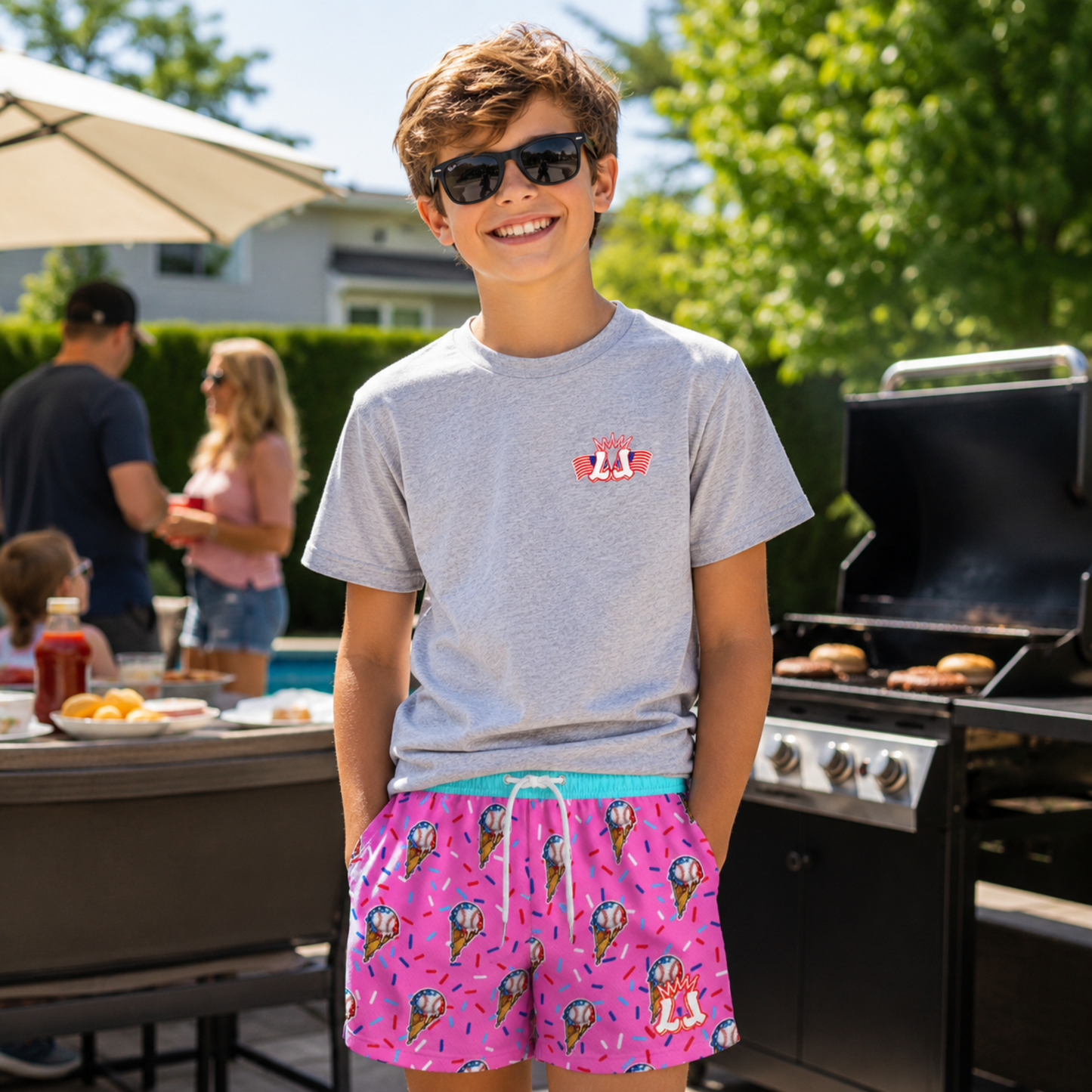 Kids Patriotic Baseball Drip Mesh Shorts - Pink Edition