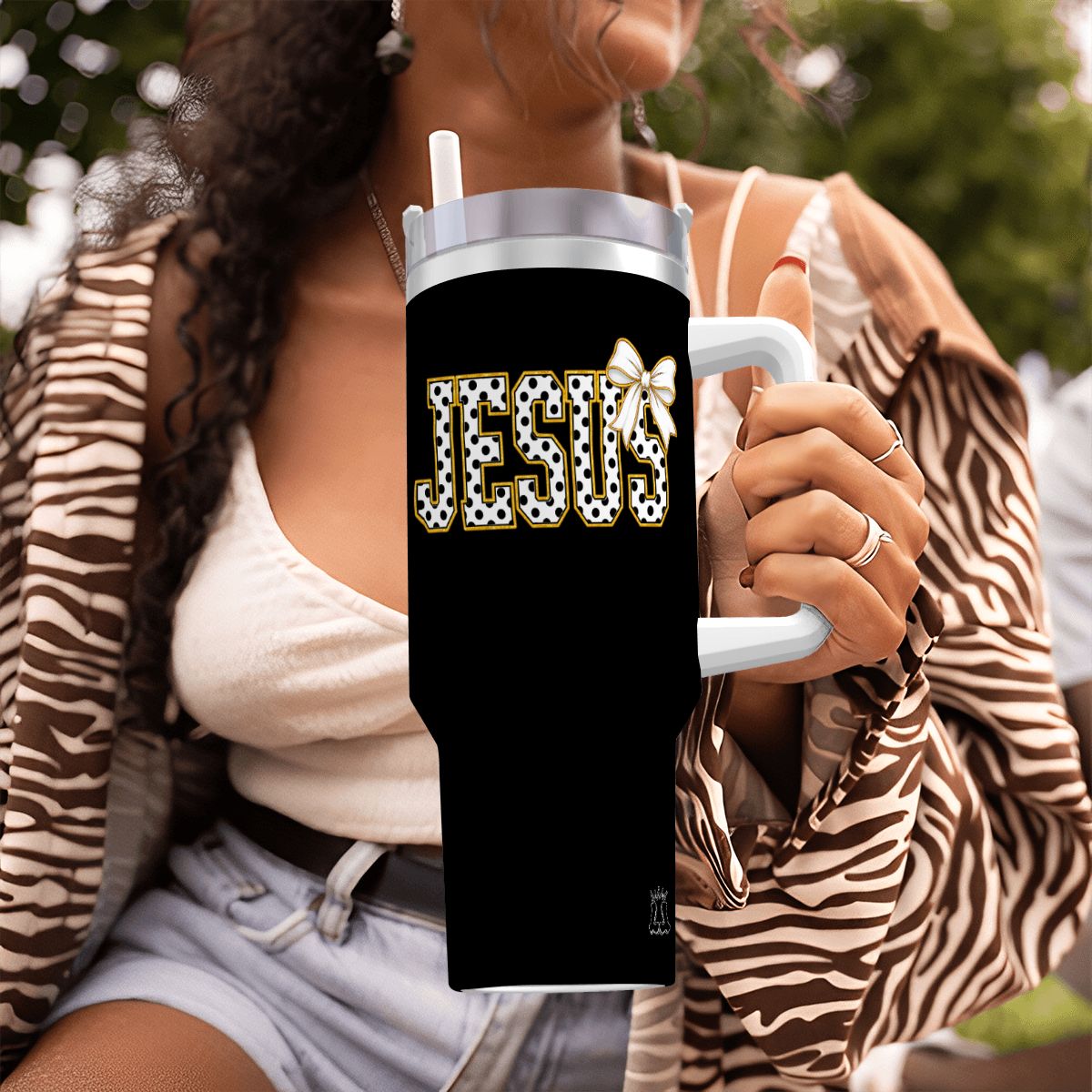 Coquette Polka Dot 'Jesus' Travel Coffee Mug with Handle and Straw (40oz)