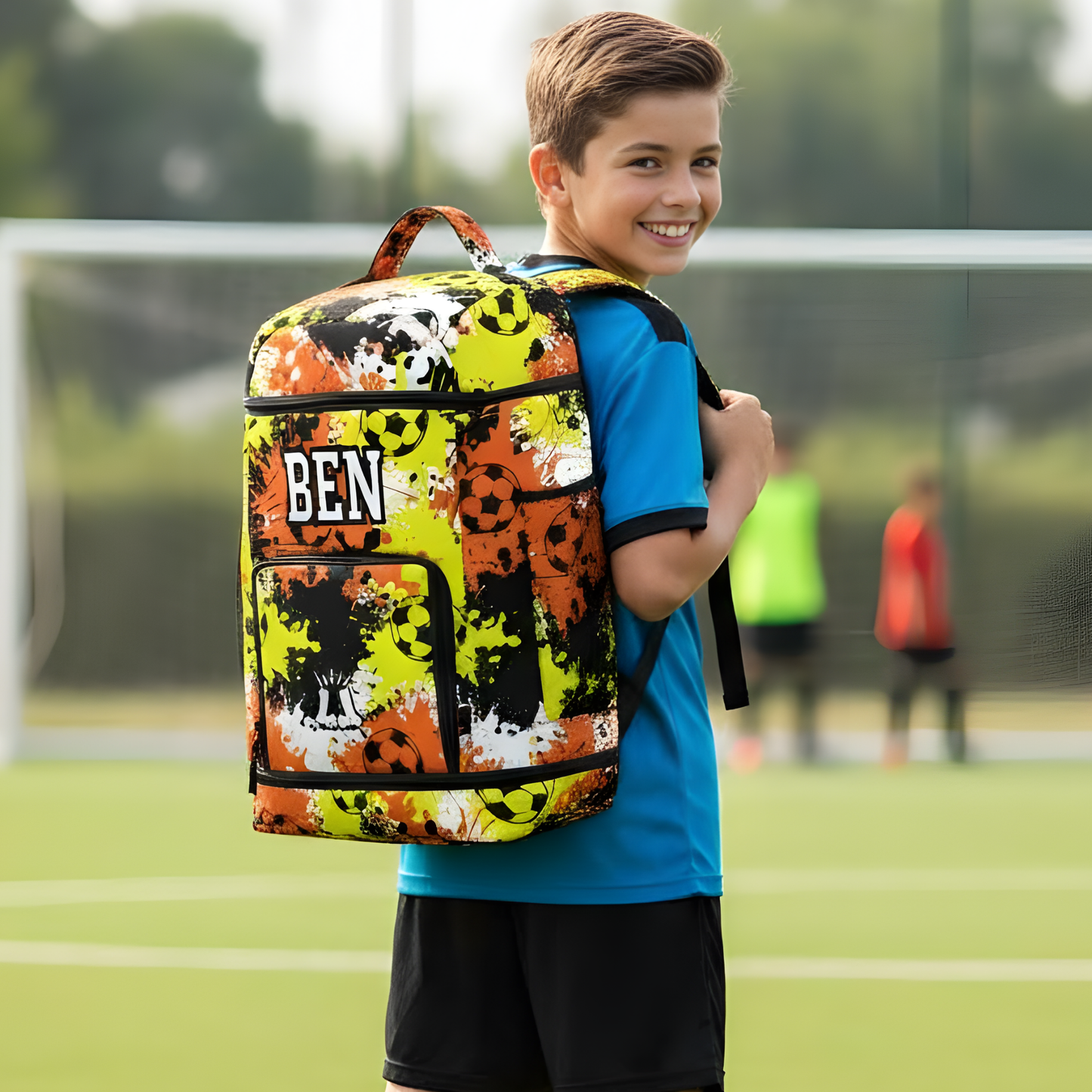 Personalized Soccer Sports Bag, Yellow/Orange Splatter Edition