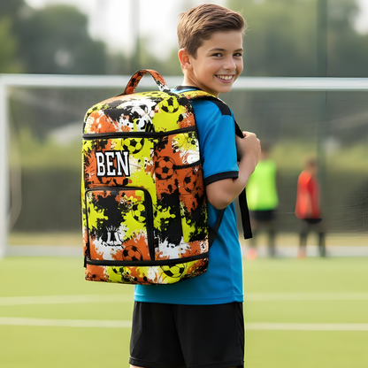 Personalized Soccer Sports Bag, Yellow/Orange Splatter Edition