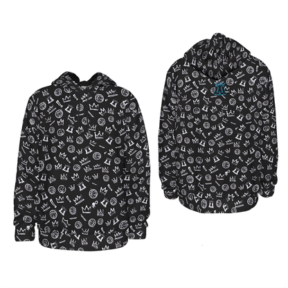 Adult Unisex Thick Fleece Hoodie, Black Basketball Graffiti Design
