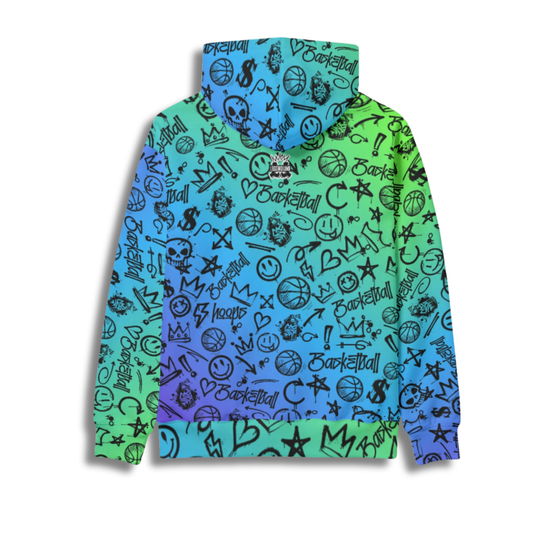 Adult Unisex Gradient Blue Fleece Hoodie, Basketball Graffiti