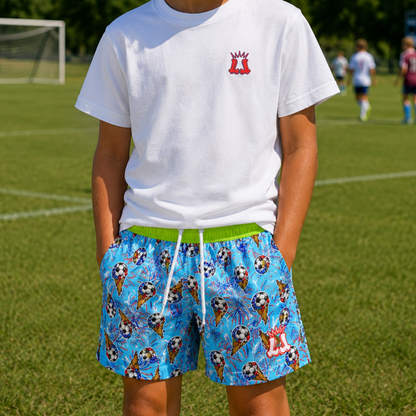 Kids Summer Patriotic Soccer Shorts, Fireworks Soccer Apparel