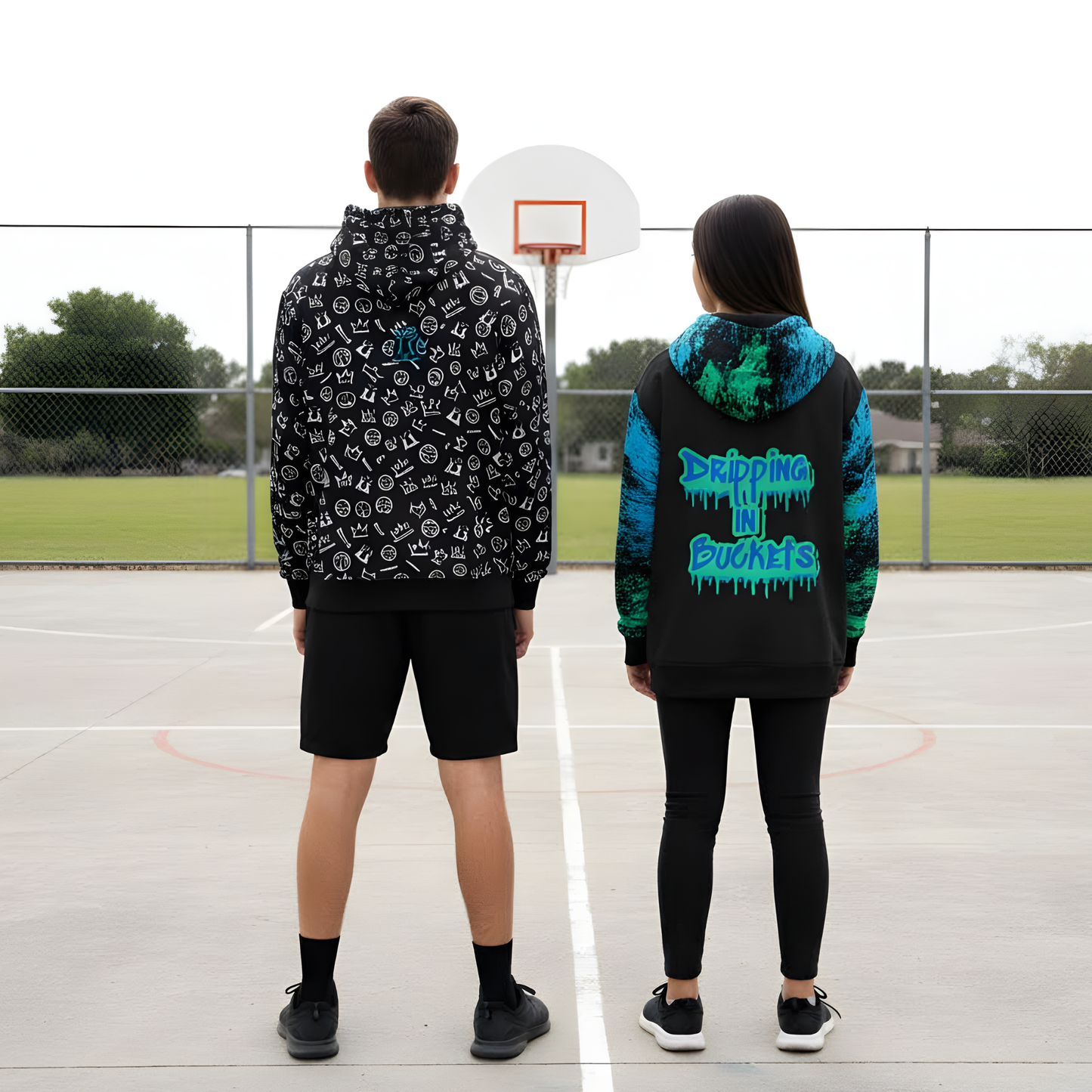 Adult Unisex Thick Fleece Hoodie, Black Basketball Graffiti Design