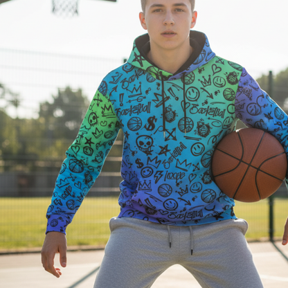 Adult Unisex Gradient Blue Fleece Hoodie, Basketball Graffiti