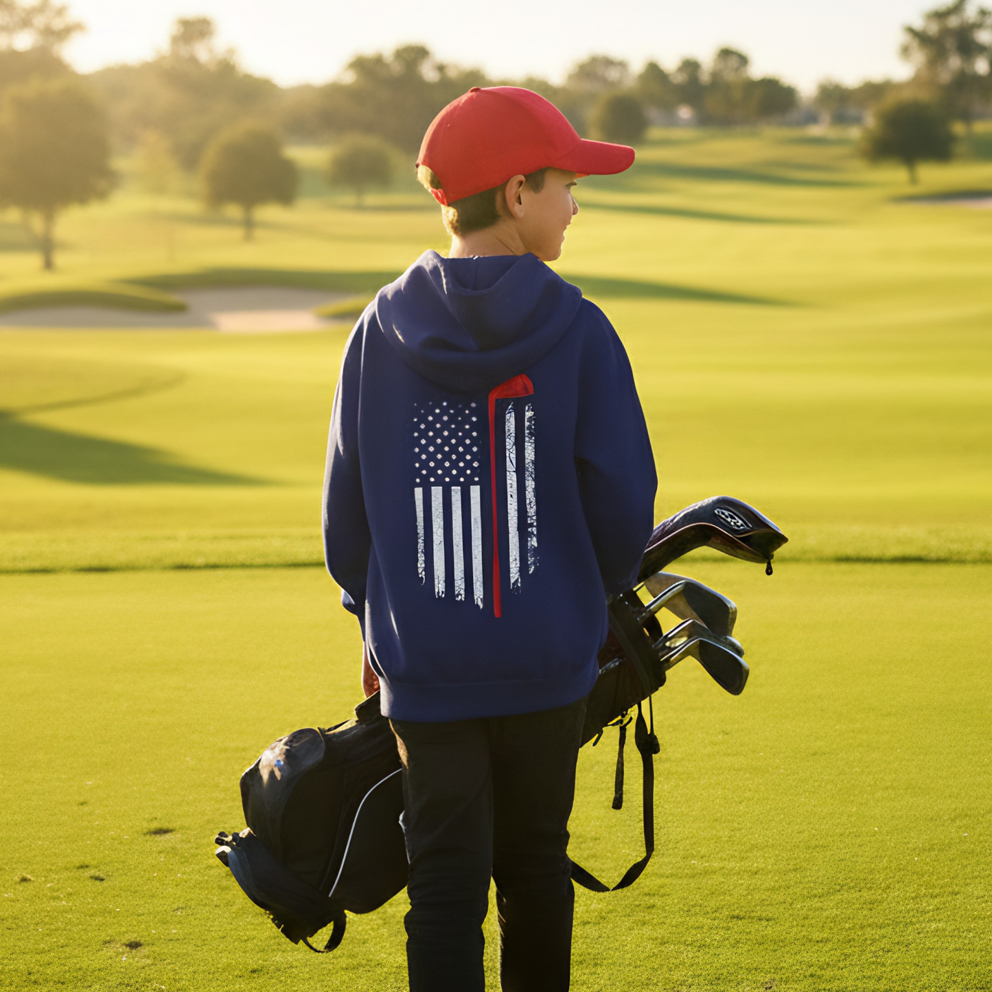 Youth American Flag Golf Hoodie, Patriotic Gift for Golfer, Kids Sweatshirt