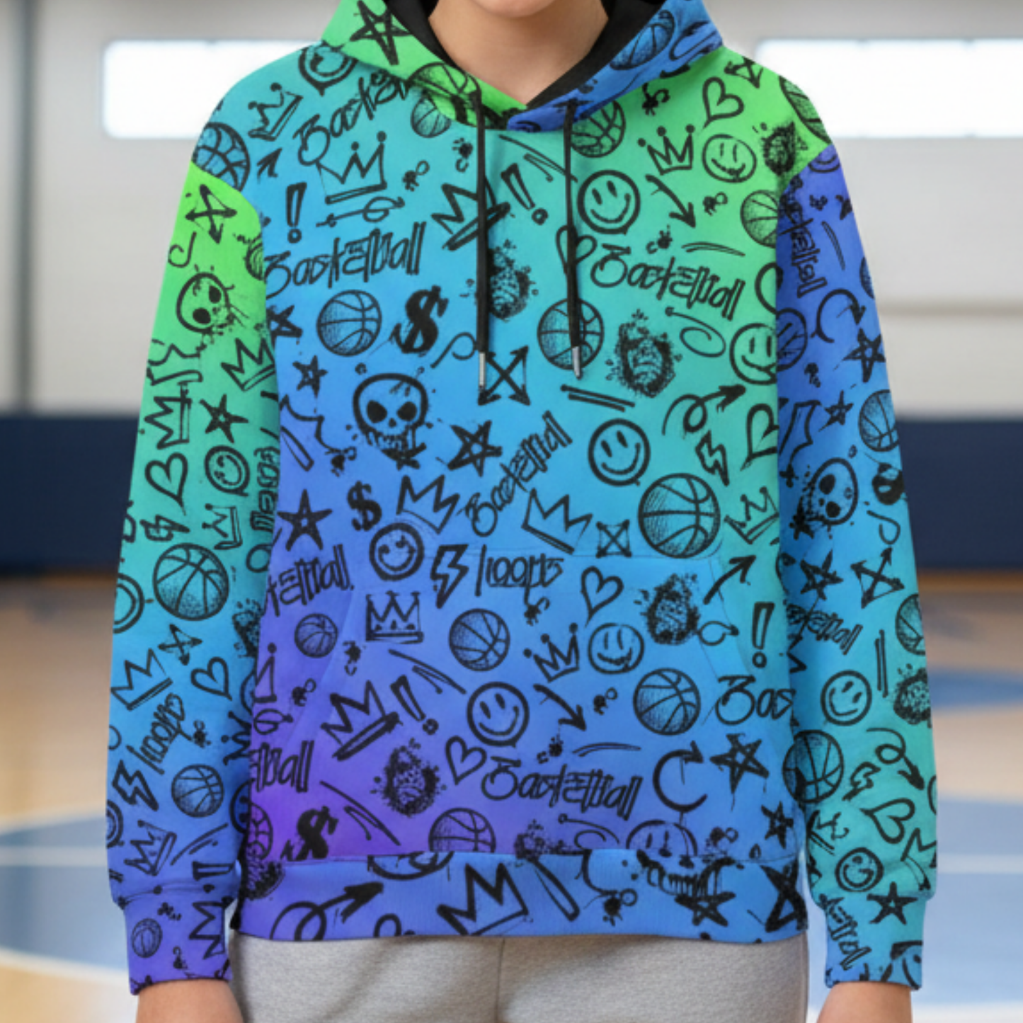 Adult Unisex Gradient Blue Fleece Hoodie, Basketball Graffiti
