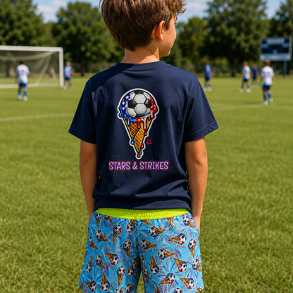 Kids Summer Patriotic Soccer Shorts, Fireworks Soccer Apparel