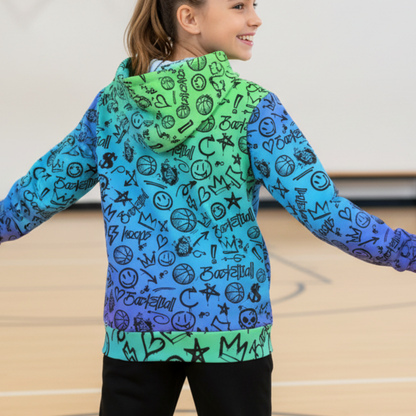 Adult Unisex Gradient Blue Fleece Hoodie, Basketball Graffiti