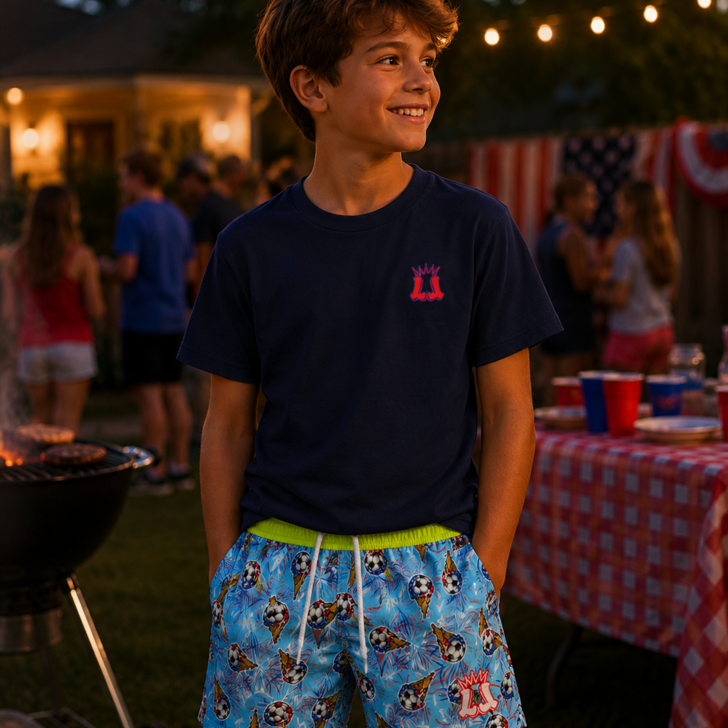 Kids Summer Patriotic Soccer Shorts, Fireworks Soccer Apparel