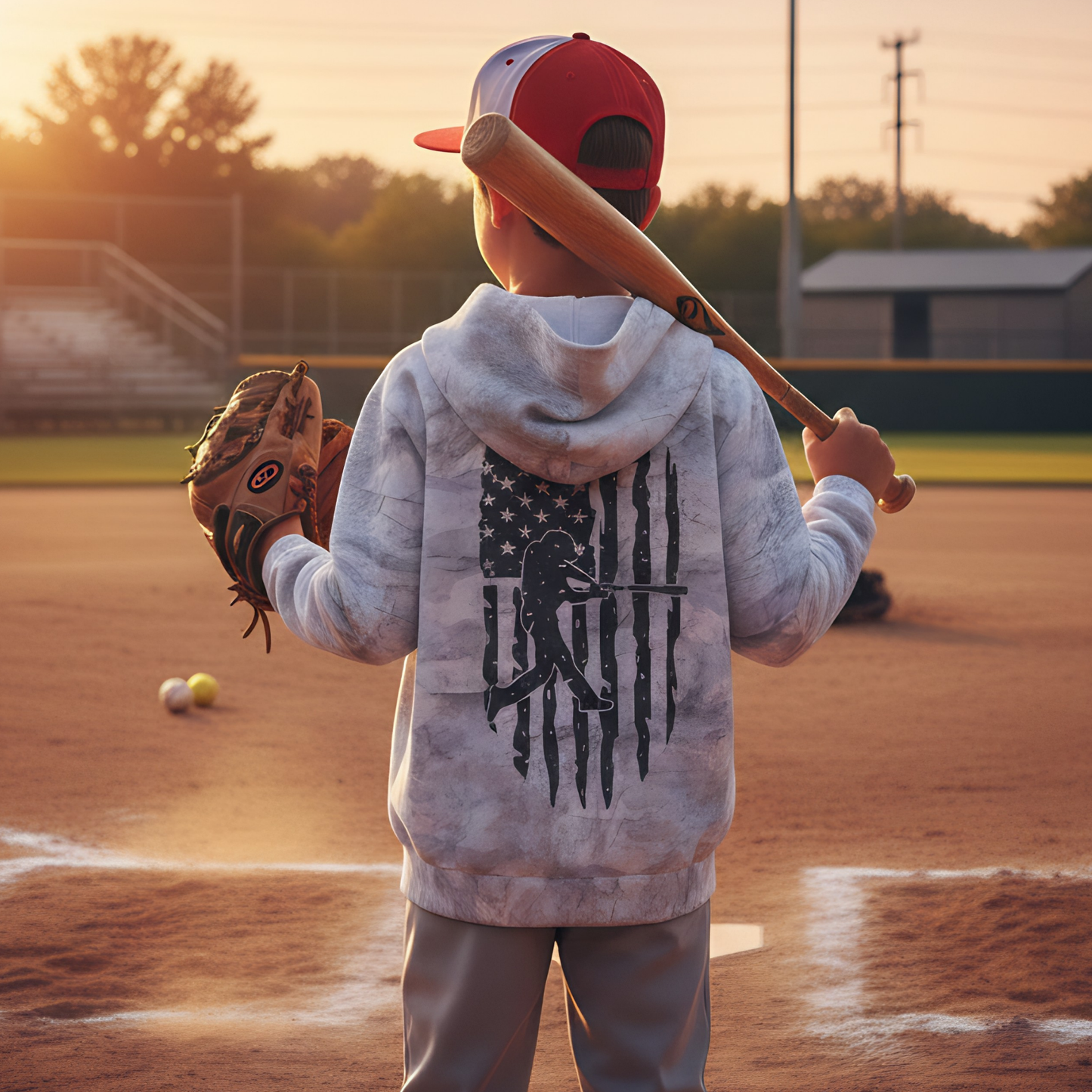 Youth American Flag Baseball Hoodie - Gray Camo