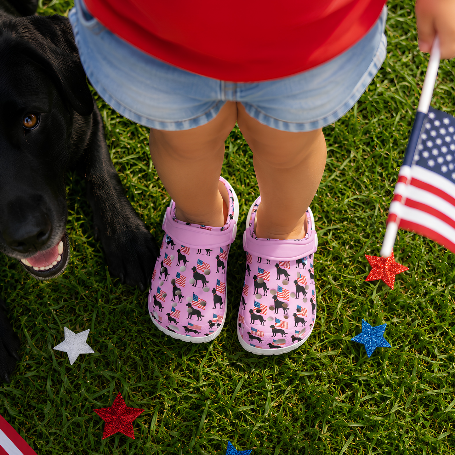 Youth Patriotic Clogs, Black Dog American Flag Design