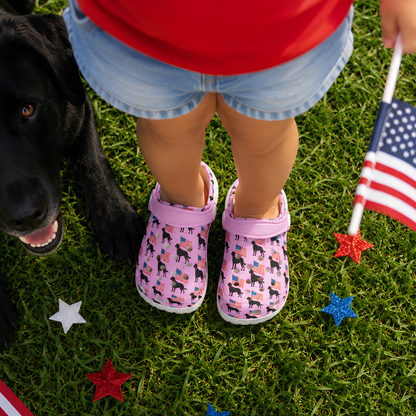 Youth Patriotic Clogs, Black Dog American Flag Design