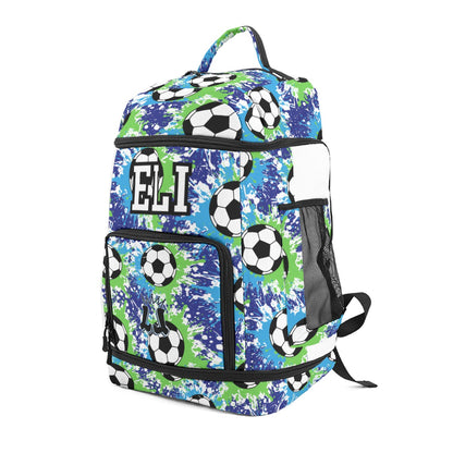 Personalized Soccer Bag, Blue/Green Paint Splatter Backpack