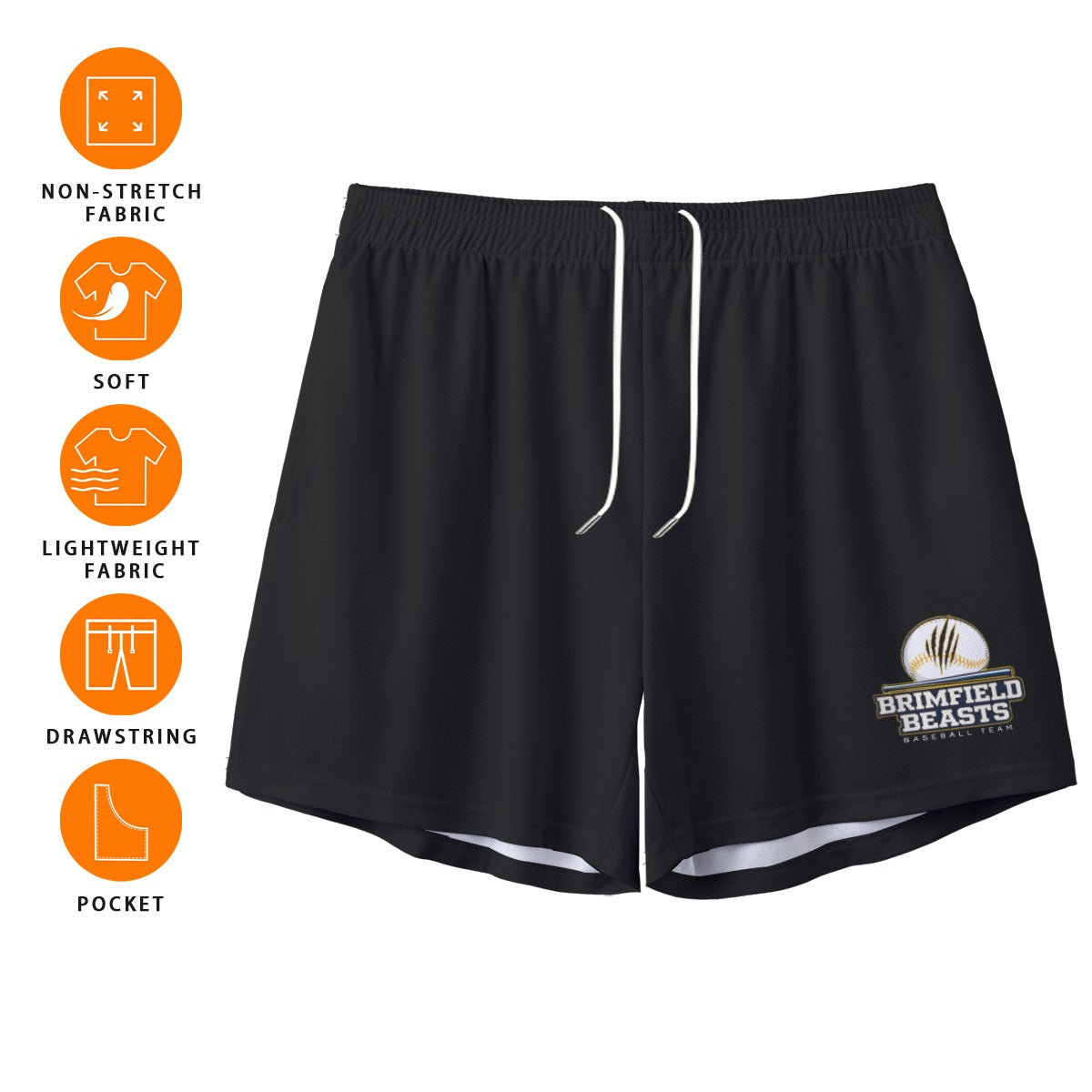 Adult Brimfield Beasts Baseball Black Mesh Shorts (no inner liner)