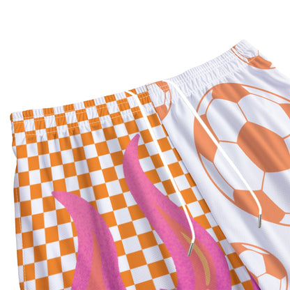 All-Over Print Adult Soccer Shorts: Pink and Orange Checkered Fire Design