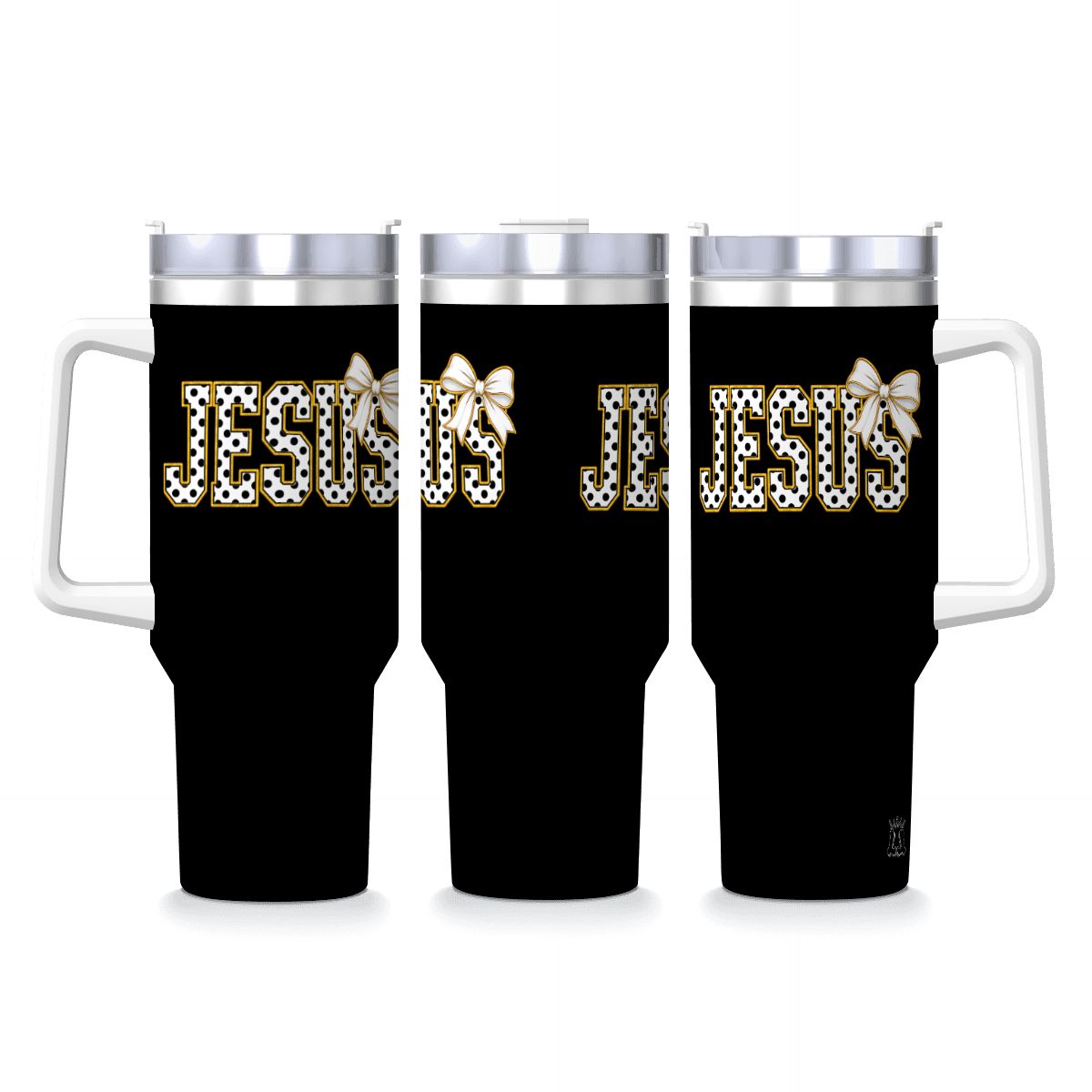 Coquette Polka Dot 'Jesus' Travel Coffee Mug with Handle and Straw (40oz)