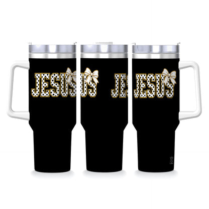 Coquette Polka Dot 'Jesus' Travel Coffee Mug with Handle and Straw (40oz)