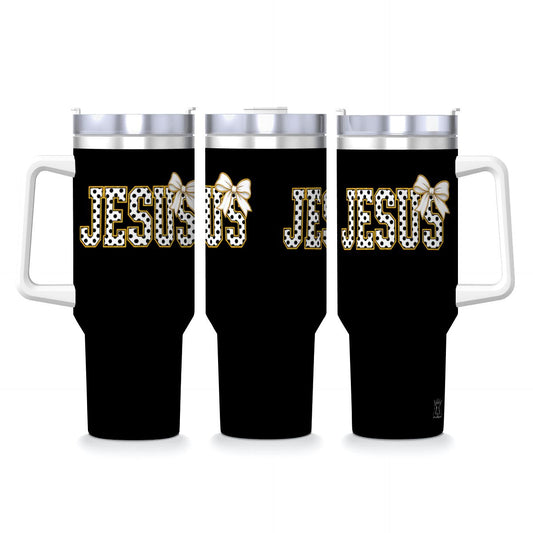 Coquette Polka Dot 'Jesus' Travel Coffee Mug with Handle and Straw (40oz)