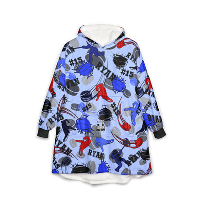 Hockey Pattern Hooded Blanket, Personalized Hoodie For Game Day