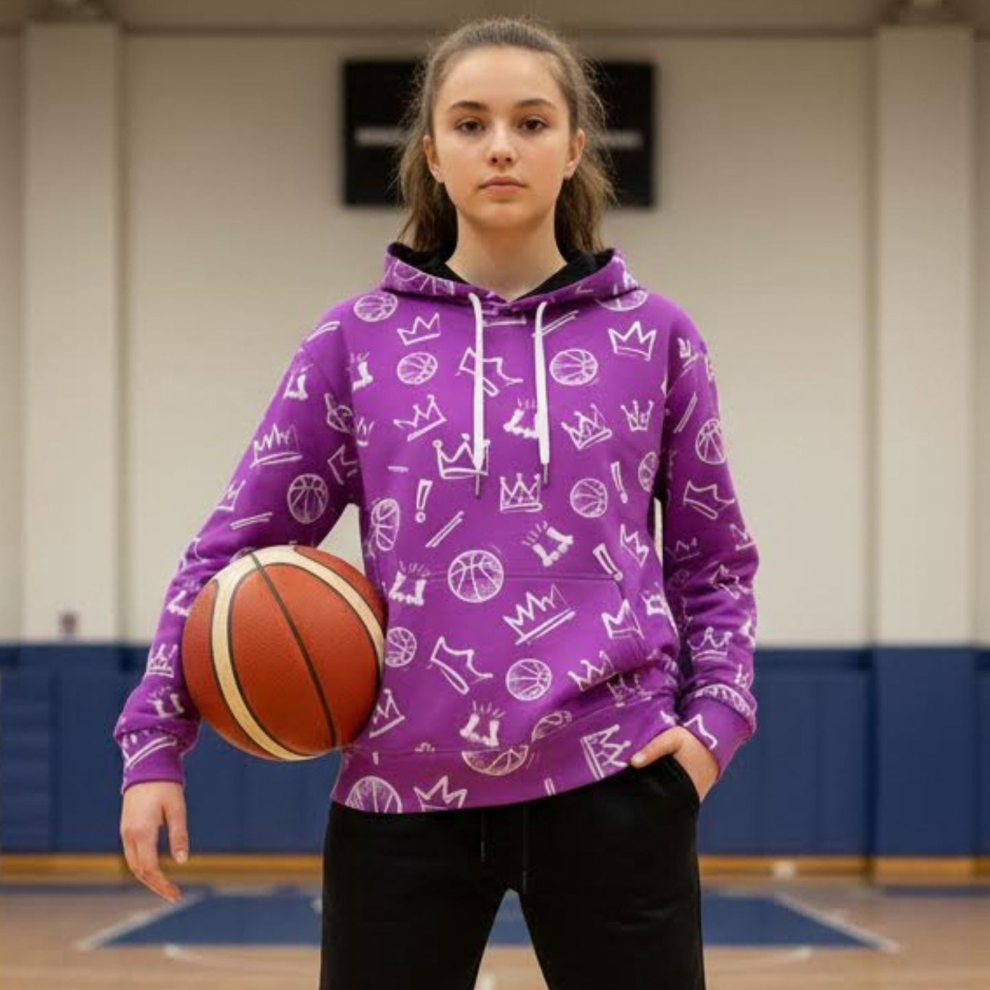Purple Basketball Graffiti Hoodie, Fleece Lined Hooded Sweatshirt