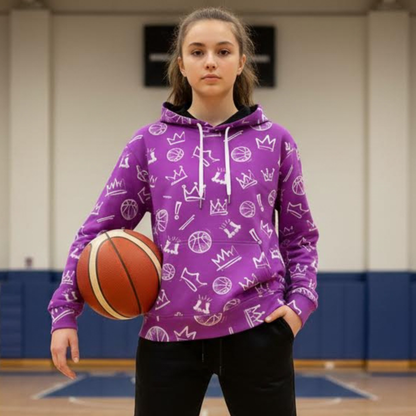 Purple Basketball Graffiti Hoodie, Fleece Lined Hooded Sweatshirt