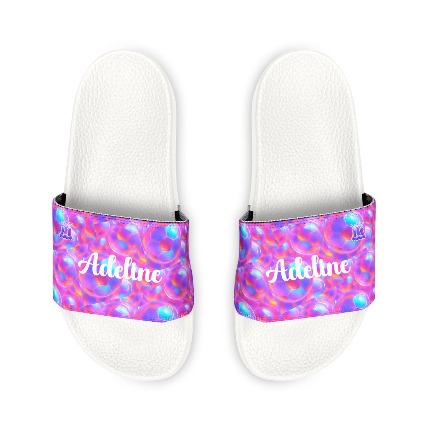 Personalized Youth Soccer Sandals, Kids Iridescent Custom Name Sports Slides