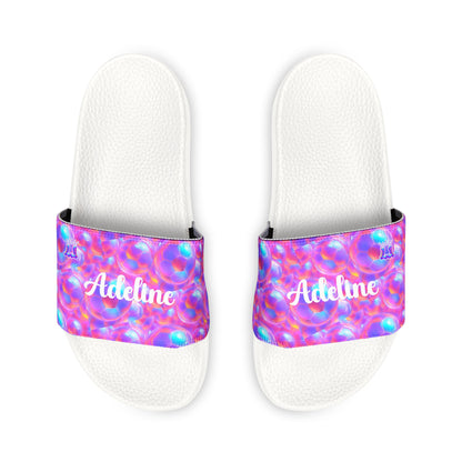 Personalized Youth Soccer Sandals, Kids Iridescent Custom Name Sports Slides