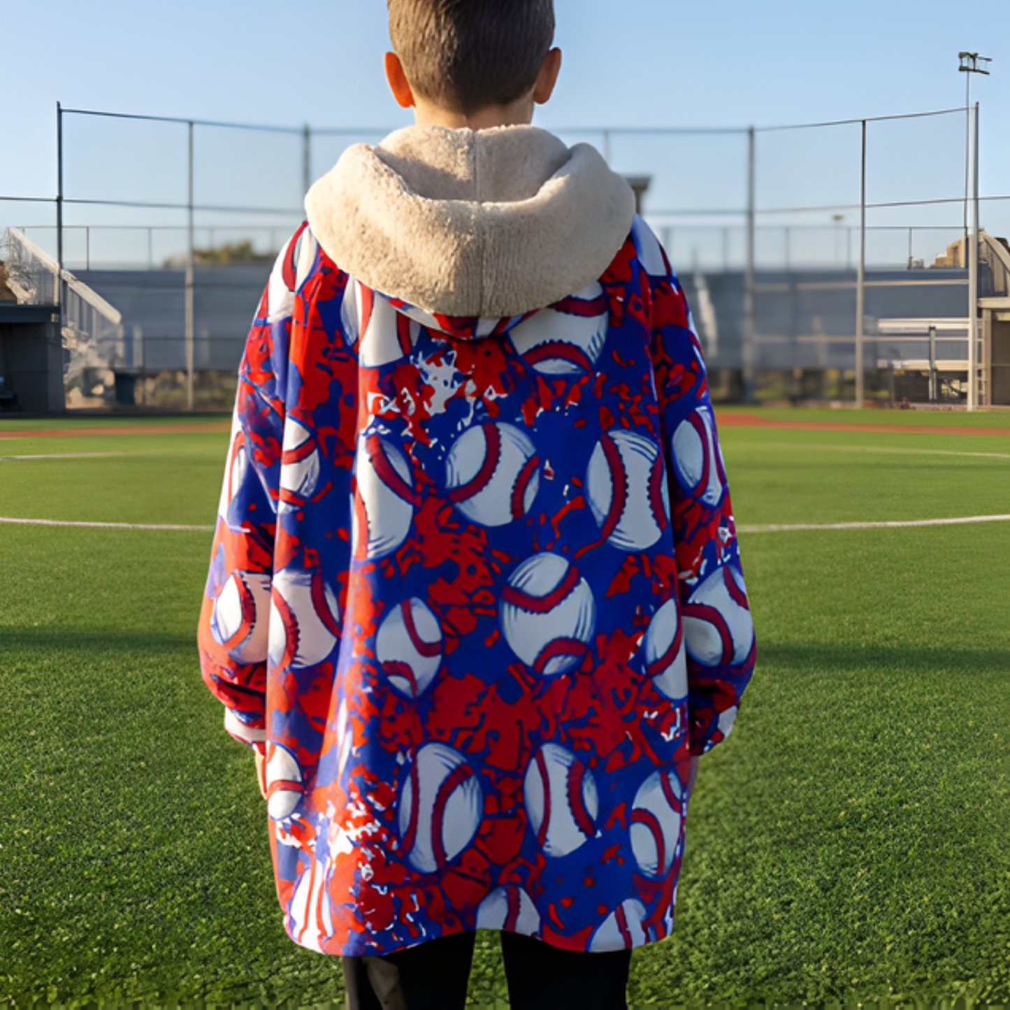 All-Over Print Kid's Sherpa Fleece Hoodie Blanket, Baseball Design
