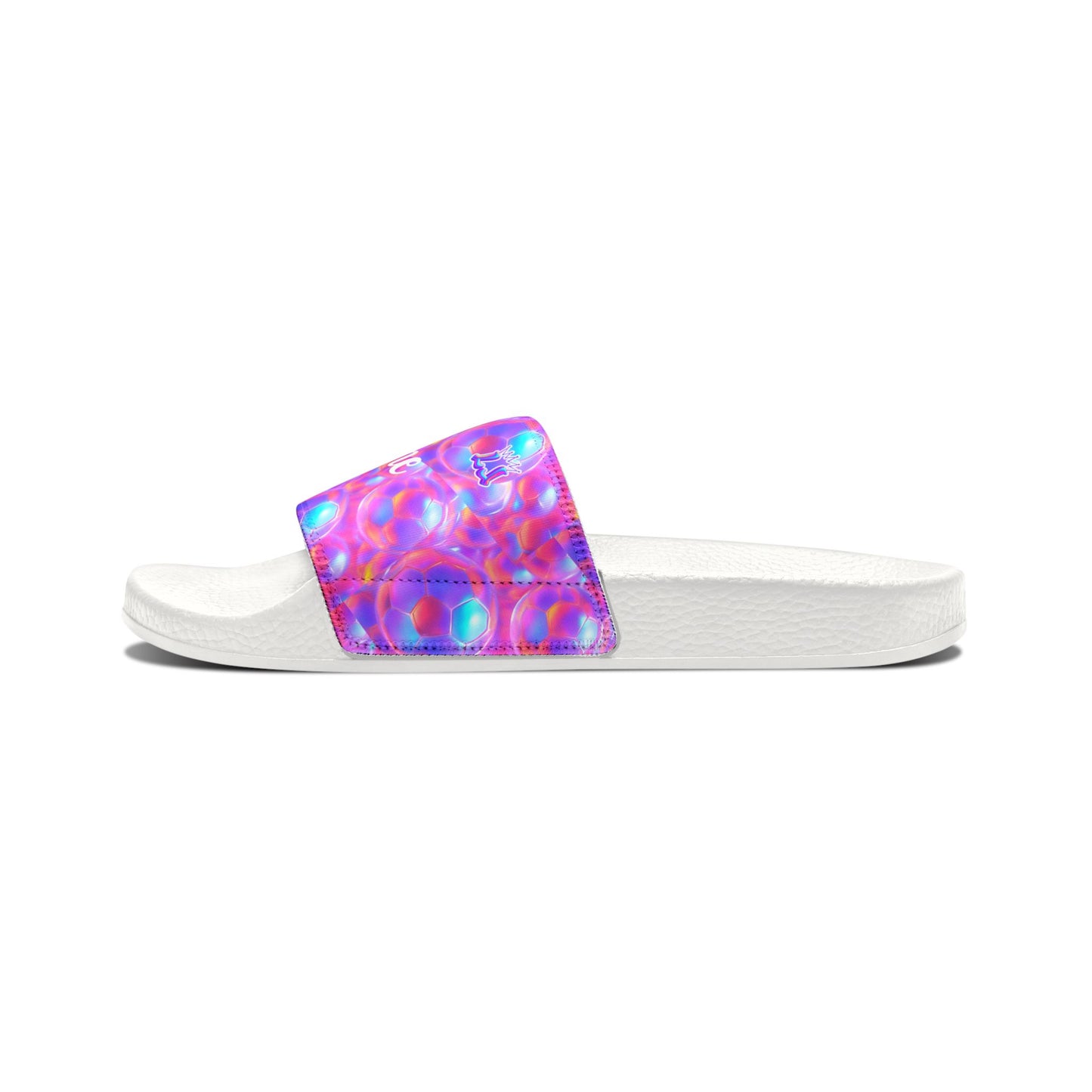 Personalized Youth Soccer Sandals, Kids Iridescent Custom Name Sports Slides