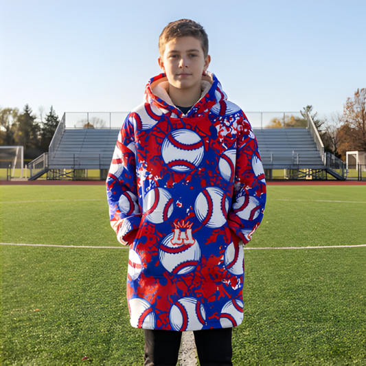 All-Over Print Kid's Sherpa Fleece Hoodie Blanket, Baseball Design