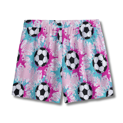 Youth Soccer Shorts Paint Splatter Pink and Aqua Edition