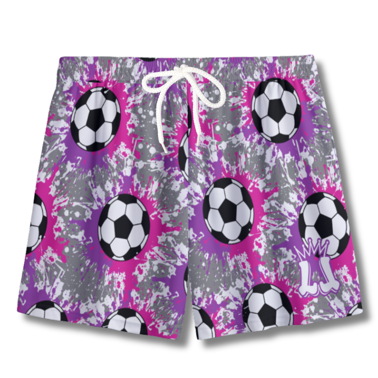 Youth Soccer Shorts Paint Splatter Pink, Purple and Gray Edition