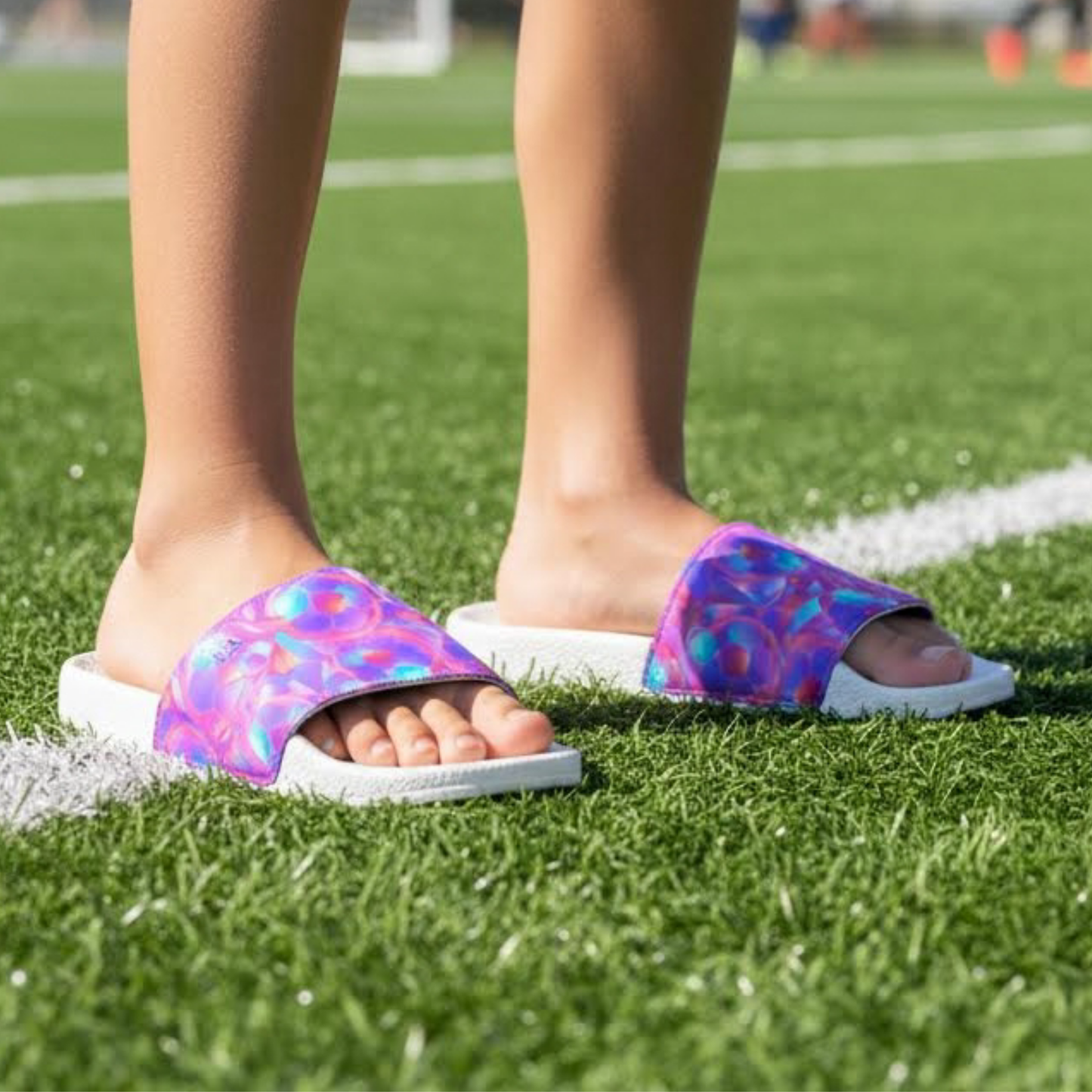 Youth Soccer Sports Sandals, Iridescent Soccer Ball Design