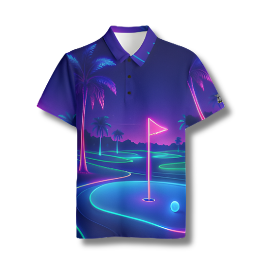 All-Over Print Men's Polo Collar Jersey: Neon Golf Course Design