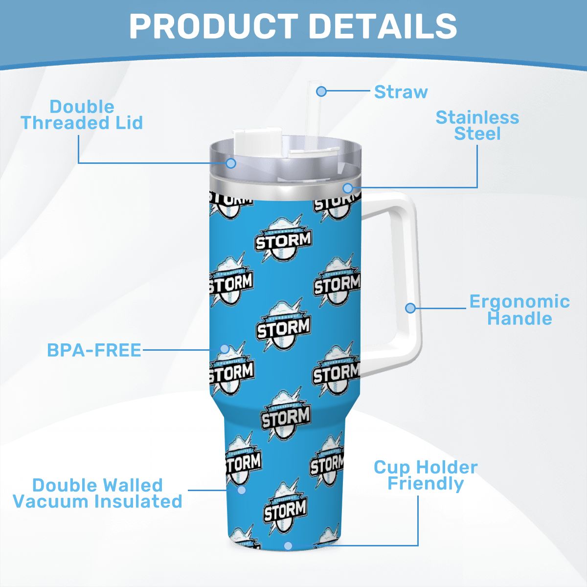 Storm Travel Coffee Mug with Handle and Straw (Blue, 40oz)